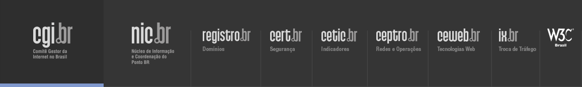 Logos do CGI.br, NIC.br, Registro.br, Cert.br, Ceptro.br, Cetic.br e W3C